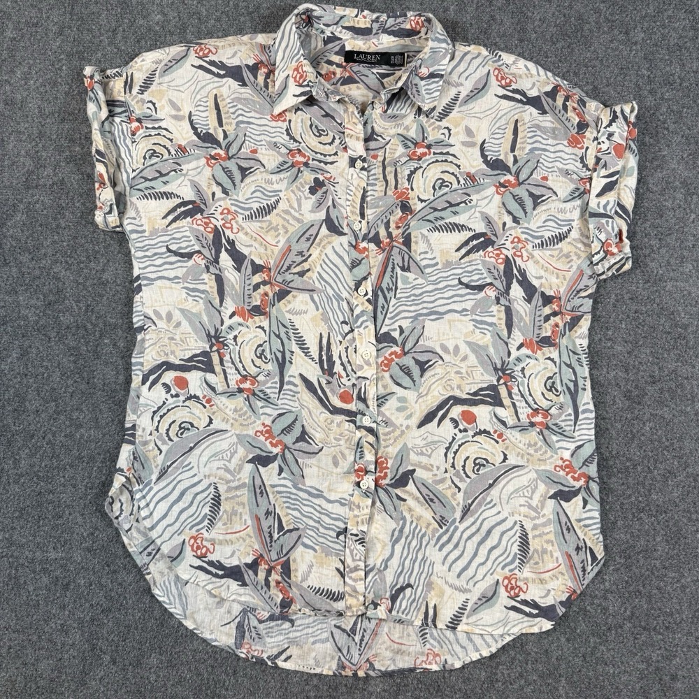 🌺 Lauren Ralph Lauren 100% Linen Shirt Womens XL Hawaiian Tropical Cuffed